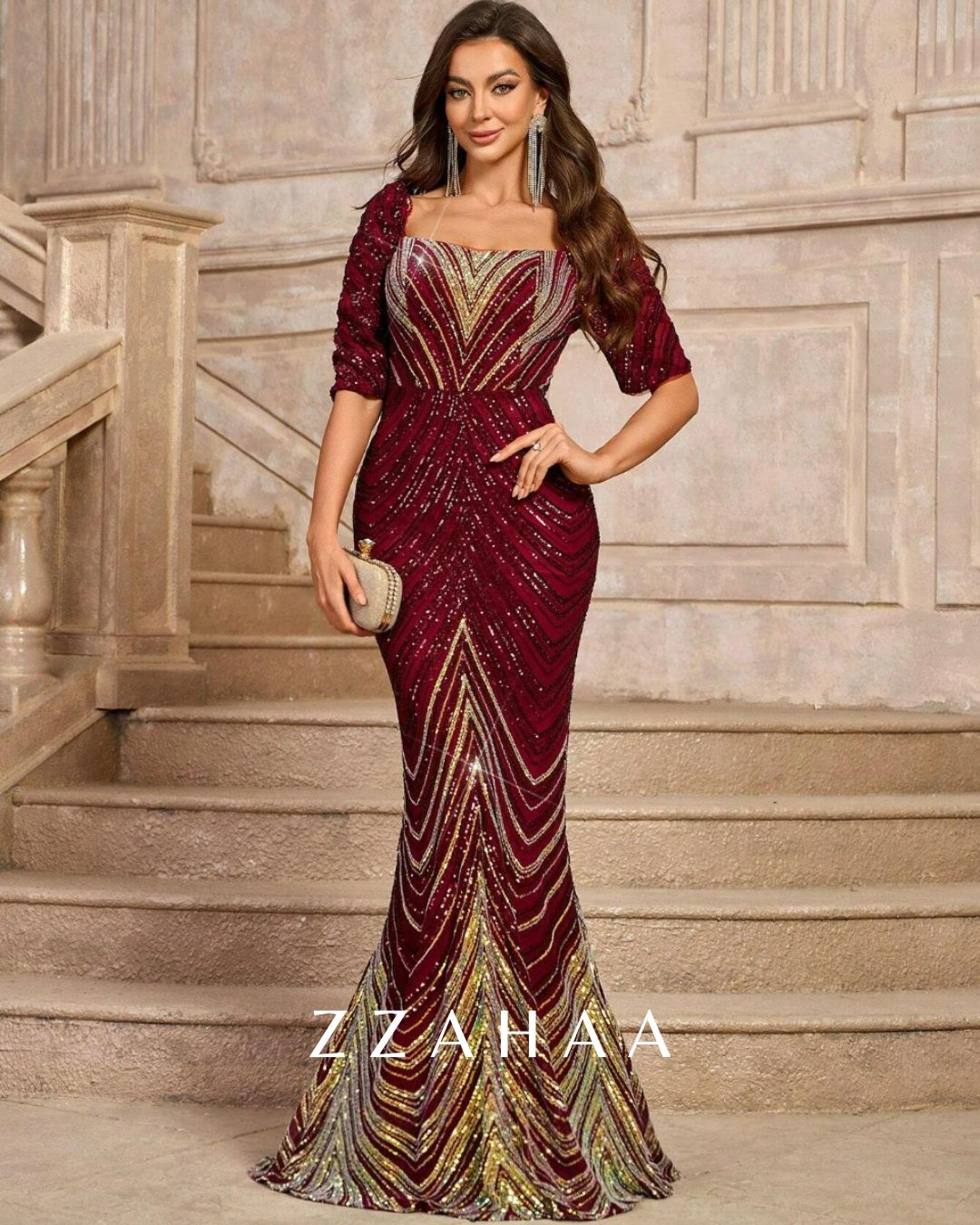 ZZAHAA Fringe Trimmed Beaded Mermaid Evening Gown