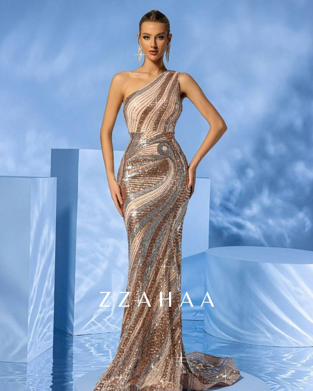 Sequined One Shoulder Mermaid Floor Length Evening Gown