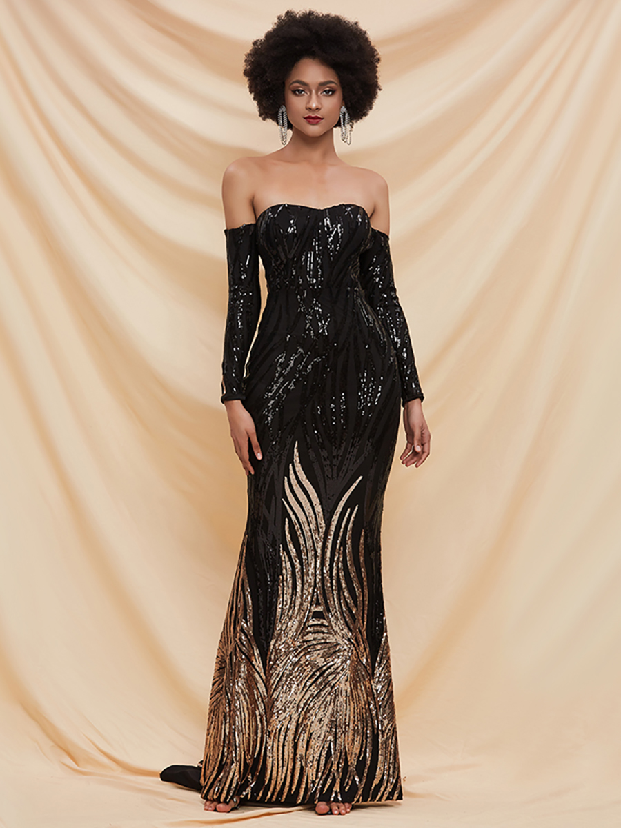 Flawless Black Golden Color Sequined Work Evening Gown At ZZAHAA