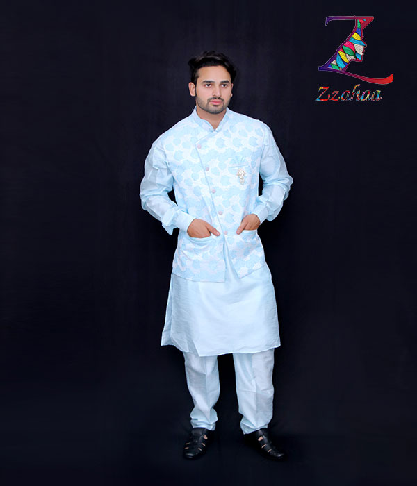 Sky White embroidery embossing Indo Western Kurta pant with waistcoat 