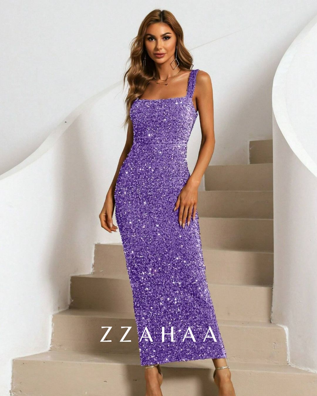 Zzahaa Sequin Square Neck Sleeveless Maxi Evening Dress