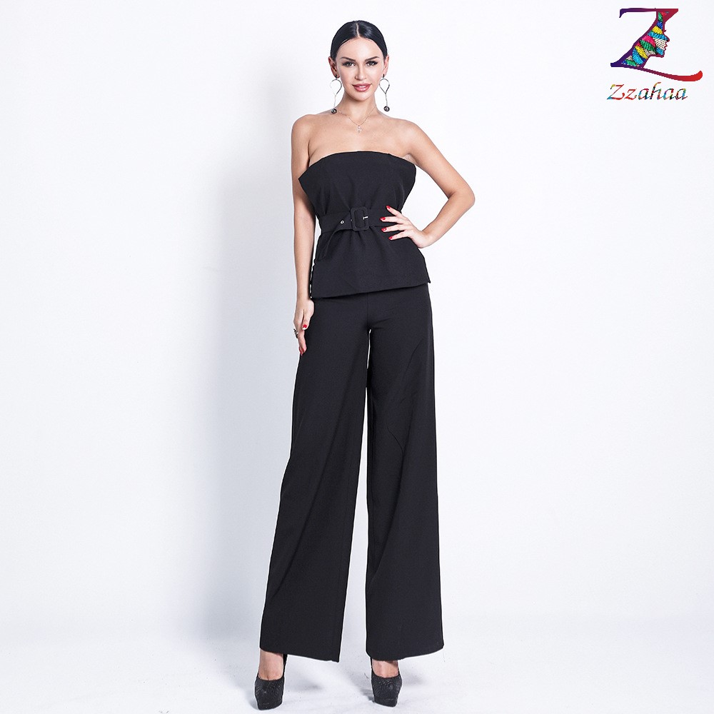 strapless jumpsuit with pleated neckline in Black 