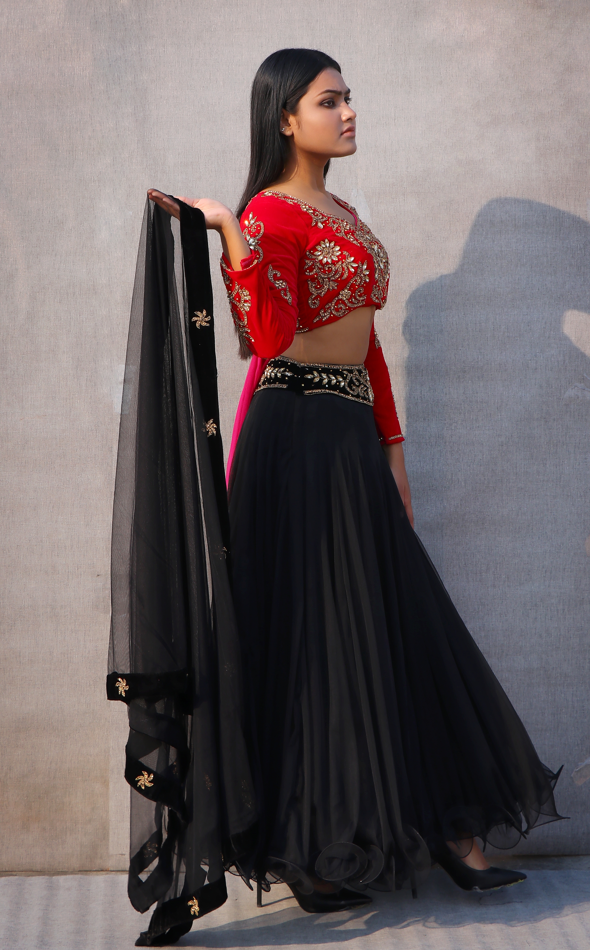 Gorgeous Red Black Color Lehenga With Full Sleeve Designer Blouse IN Embroidery And Stone Handmade Work