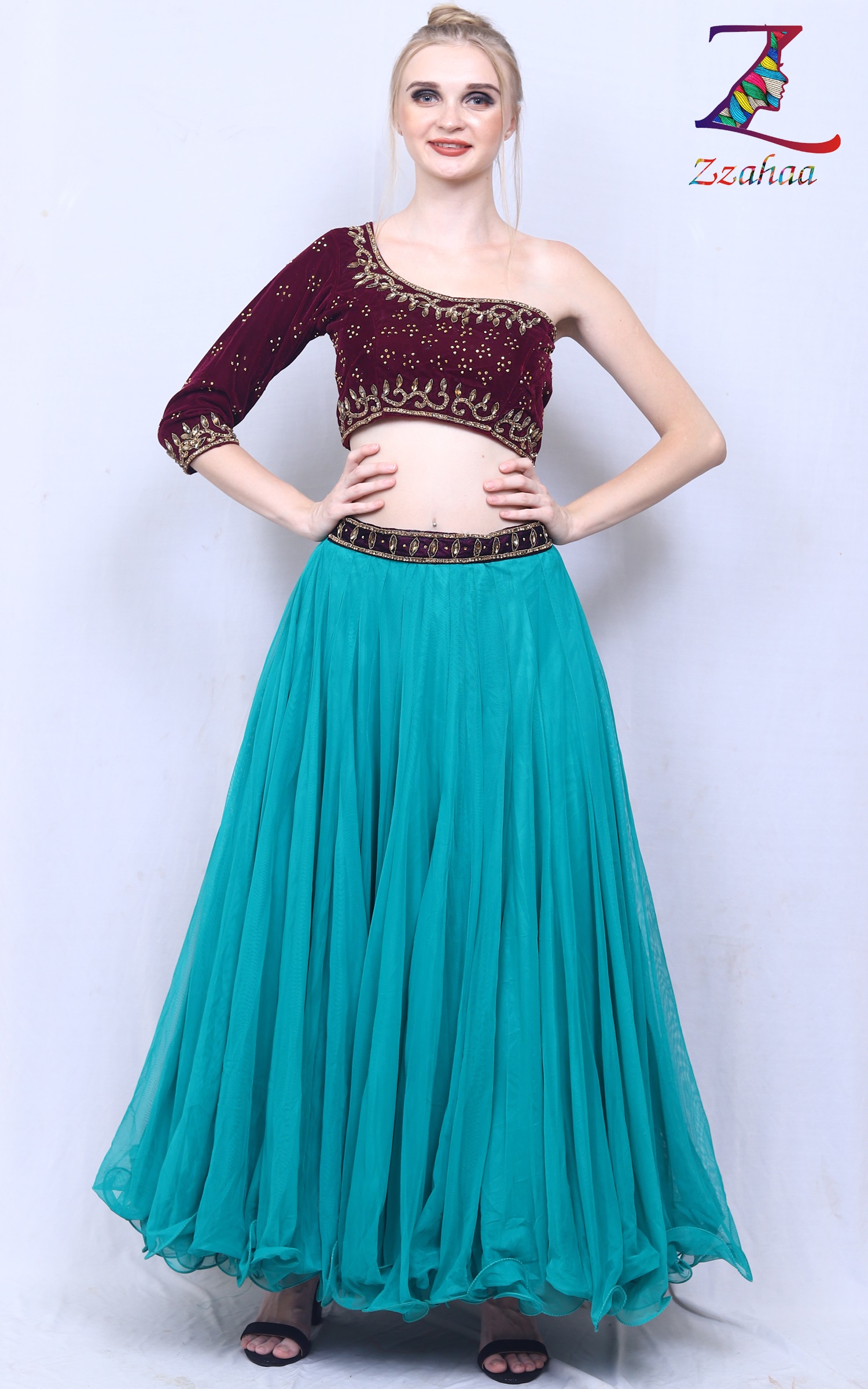 Sea Green with red wine blouse & Sea green Dupatta with Red wine border Lehenga 