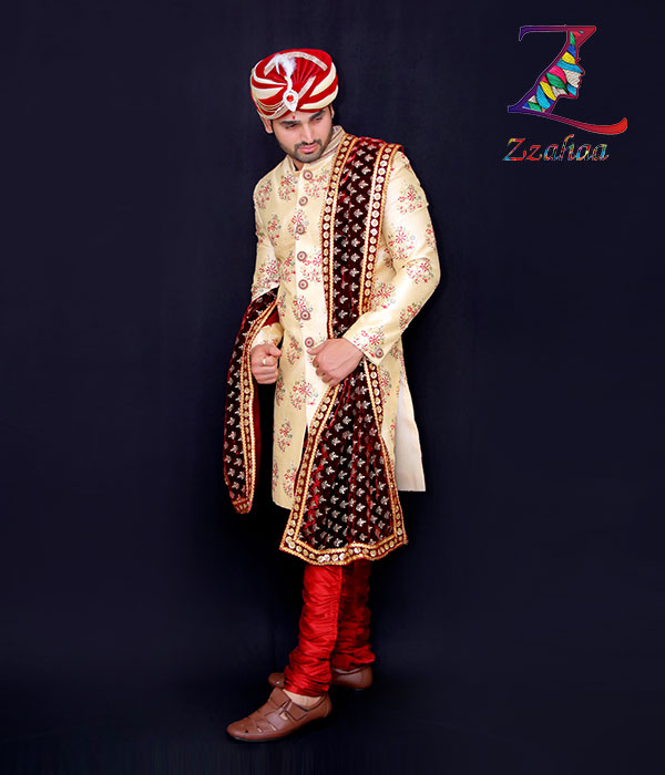 Designer Multi colour Embroidery work  Sherwani with  Red Maroon balloon pant 