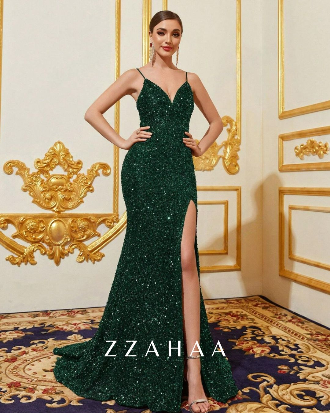 ZZAHAA Dark Green Split Thigh Mermaid Hem Sequin Cami Dress