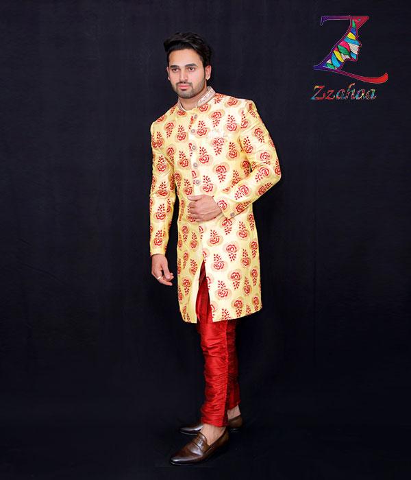 Designer Pink & Marron Thread work  Embroidery in Faun Colour Sherwani with Red Maroon balloon pant