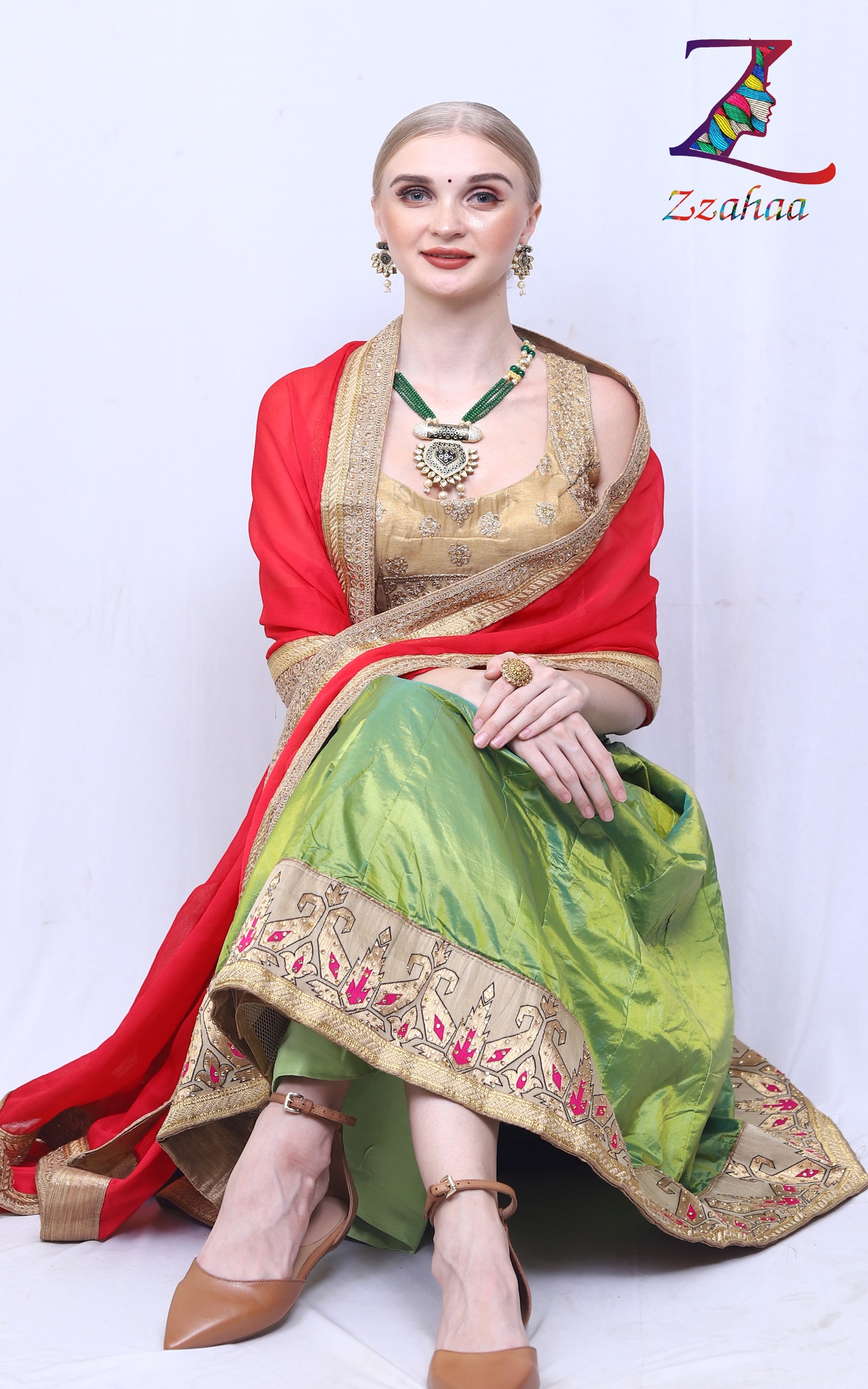 Pink Green Heavy Embroidery work  Ready to wear Cotton Silk Lehenga, Blouse and Dupatta.