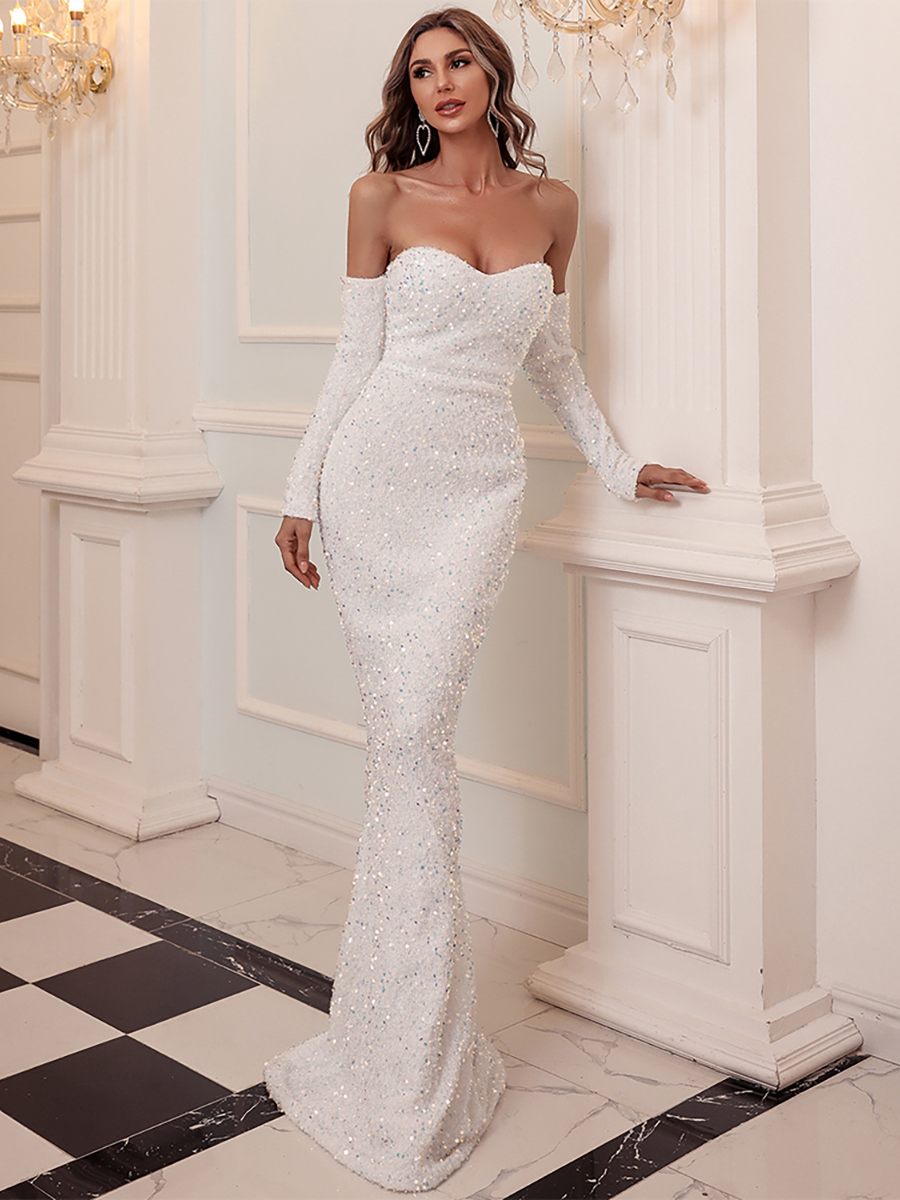 Thaila-White Sweetheart Neck Off-Shoulder Mermaid Evening Gown