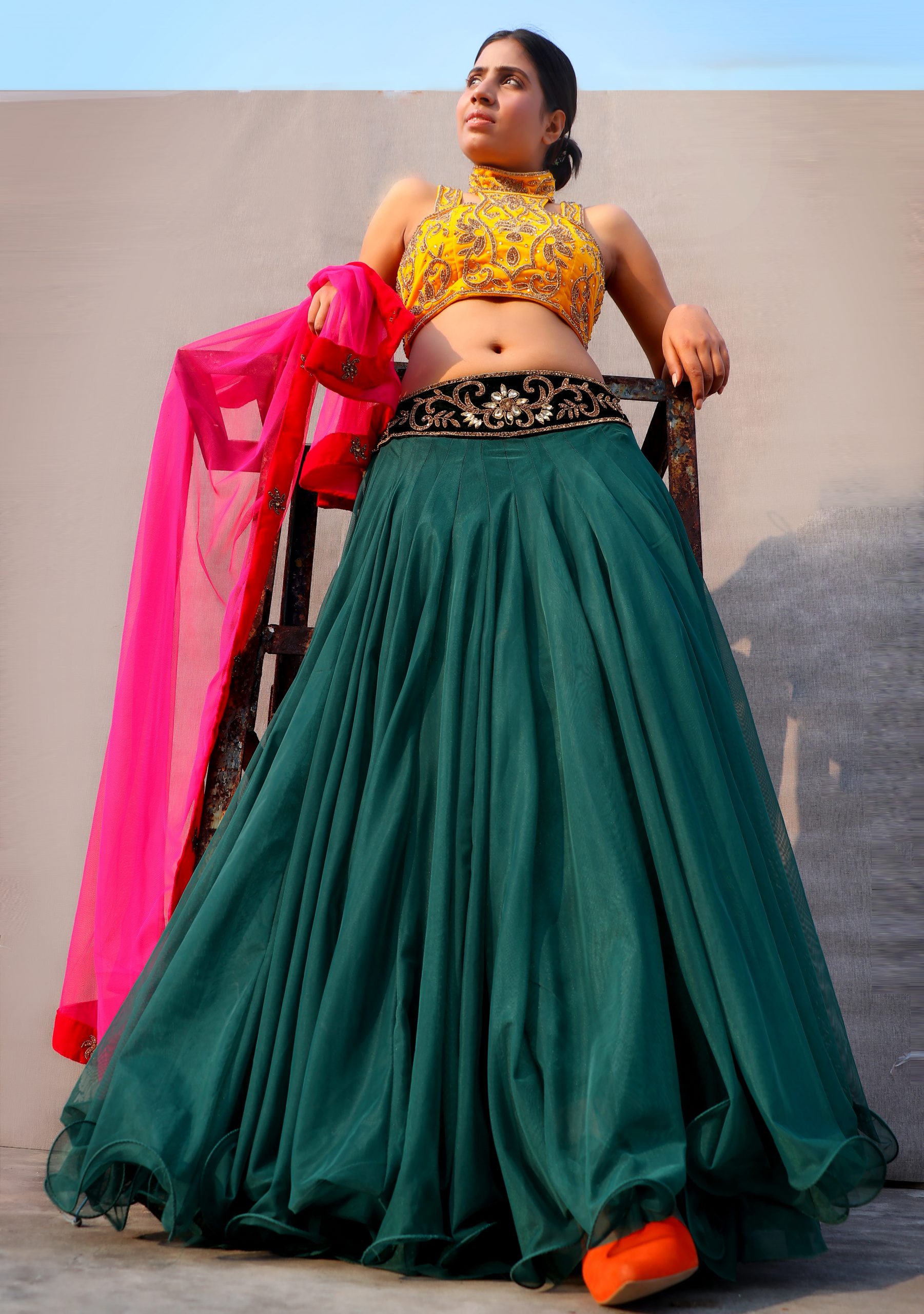 Green Yellow Pink Multi Combination Lehenga With Designer Blouse In Embroidery And Stone Handmade Work