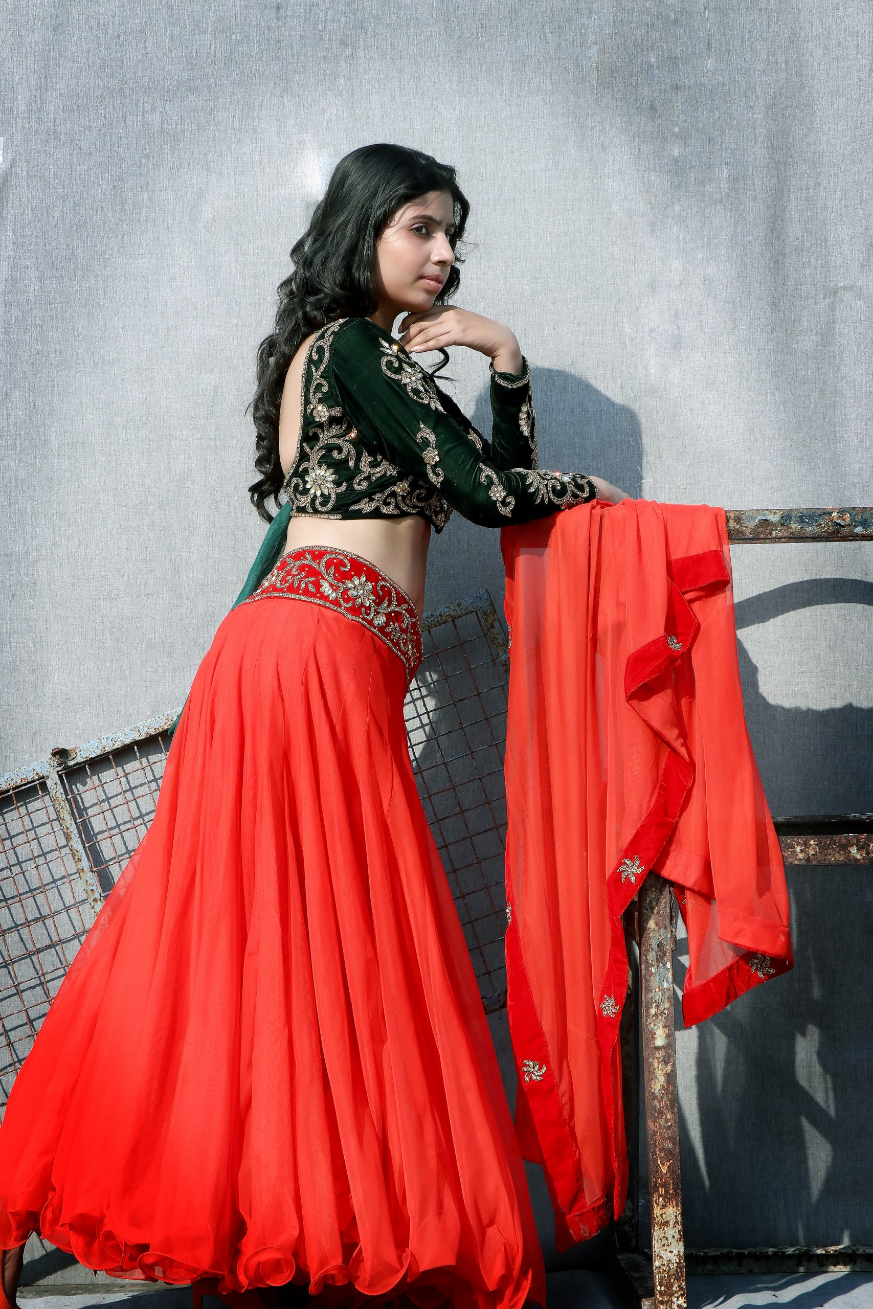 Green Red Lehenga With Full Sleeve Designer Blouse In Embroidery And Stone Handmade Work