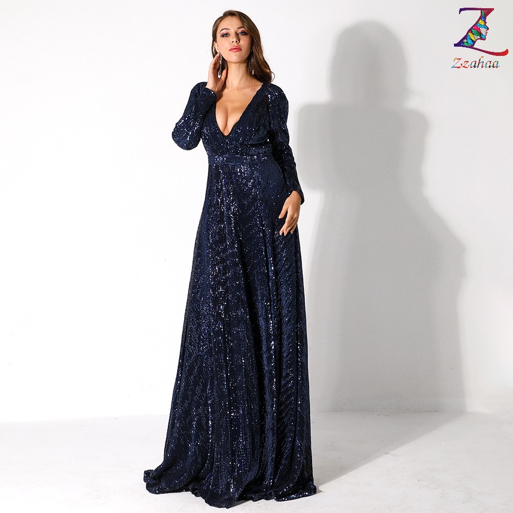 Oxford-Blue V- neck thigh high slit Sequin Glitter Evening Gown